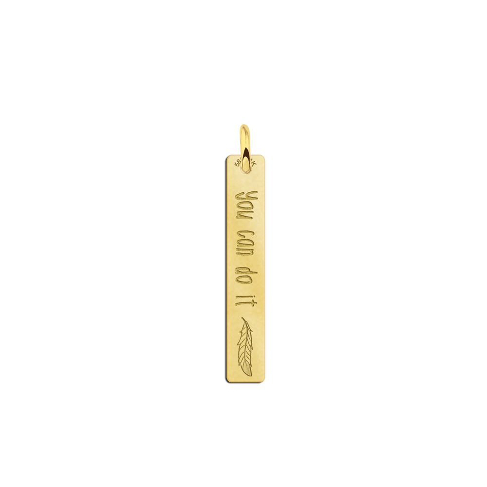 Gouden bar ketting hanger met gravure en veer