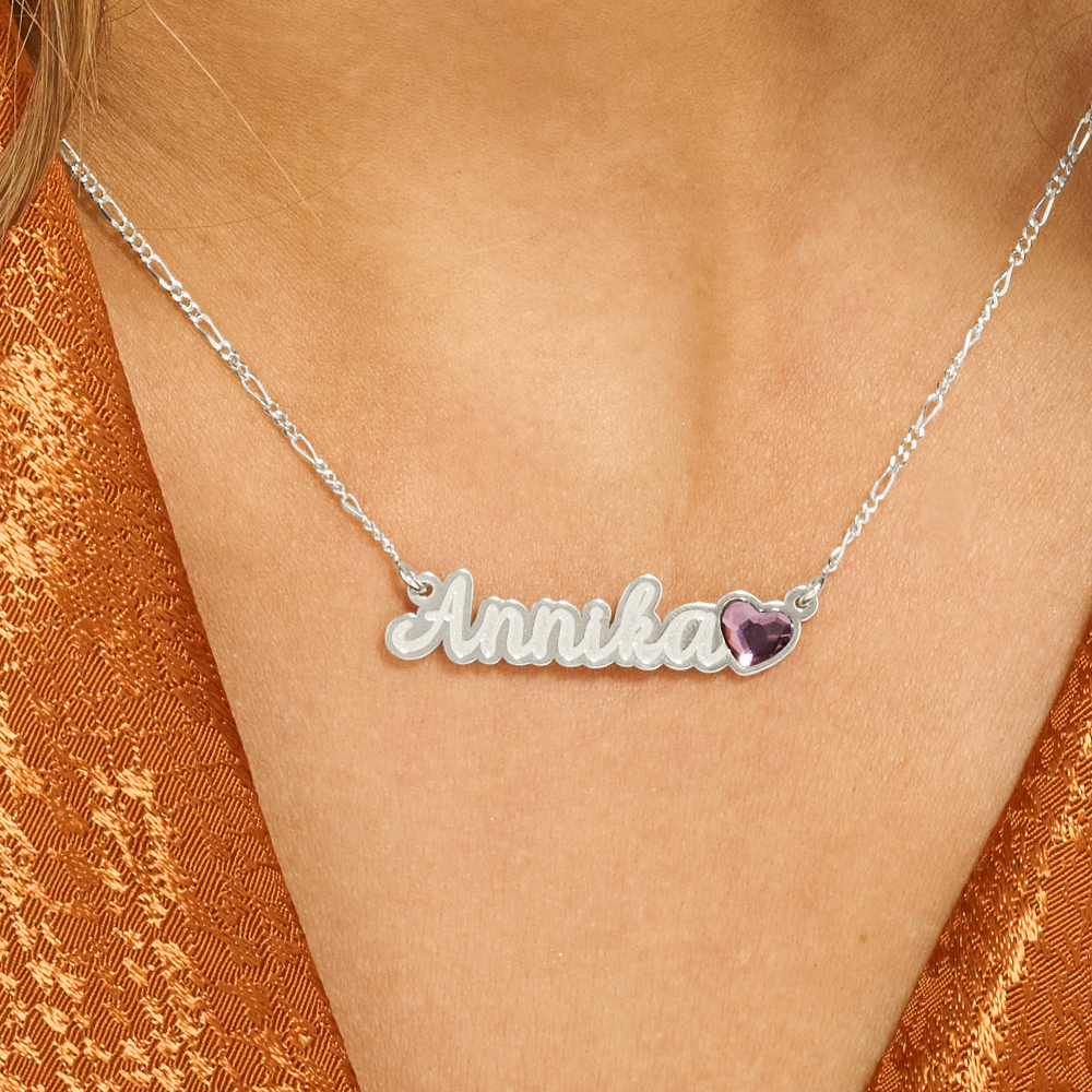 Zilveren naamketting met hartjes steen model Annika