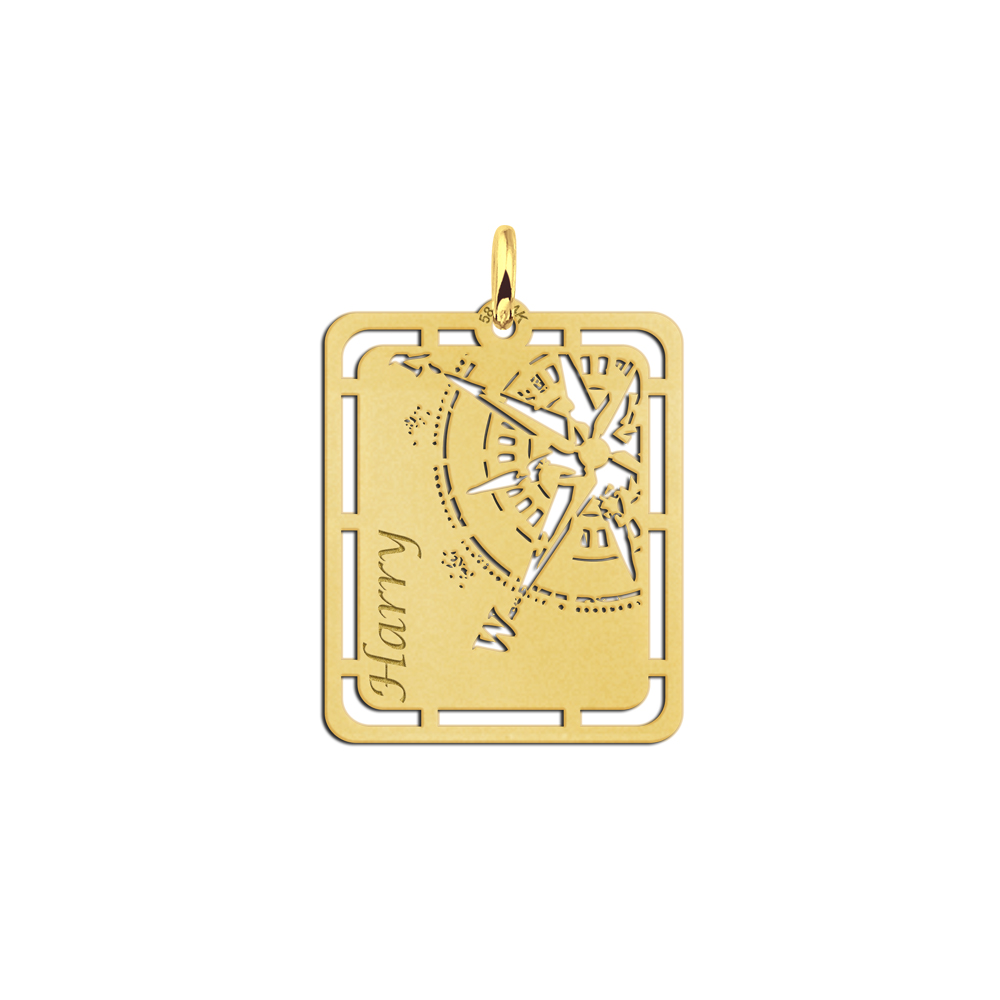Gouden hanger kompas graveren met naam Gouden hanger kompas graveren met naam