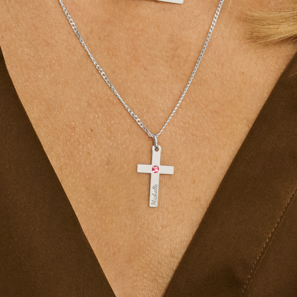 Zilveren communie kruis met zirkonia en gravure