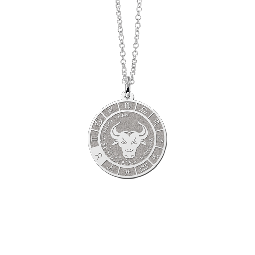 Zilveren Ronde Hanger Sterrenbeeld Stier met Gravure