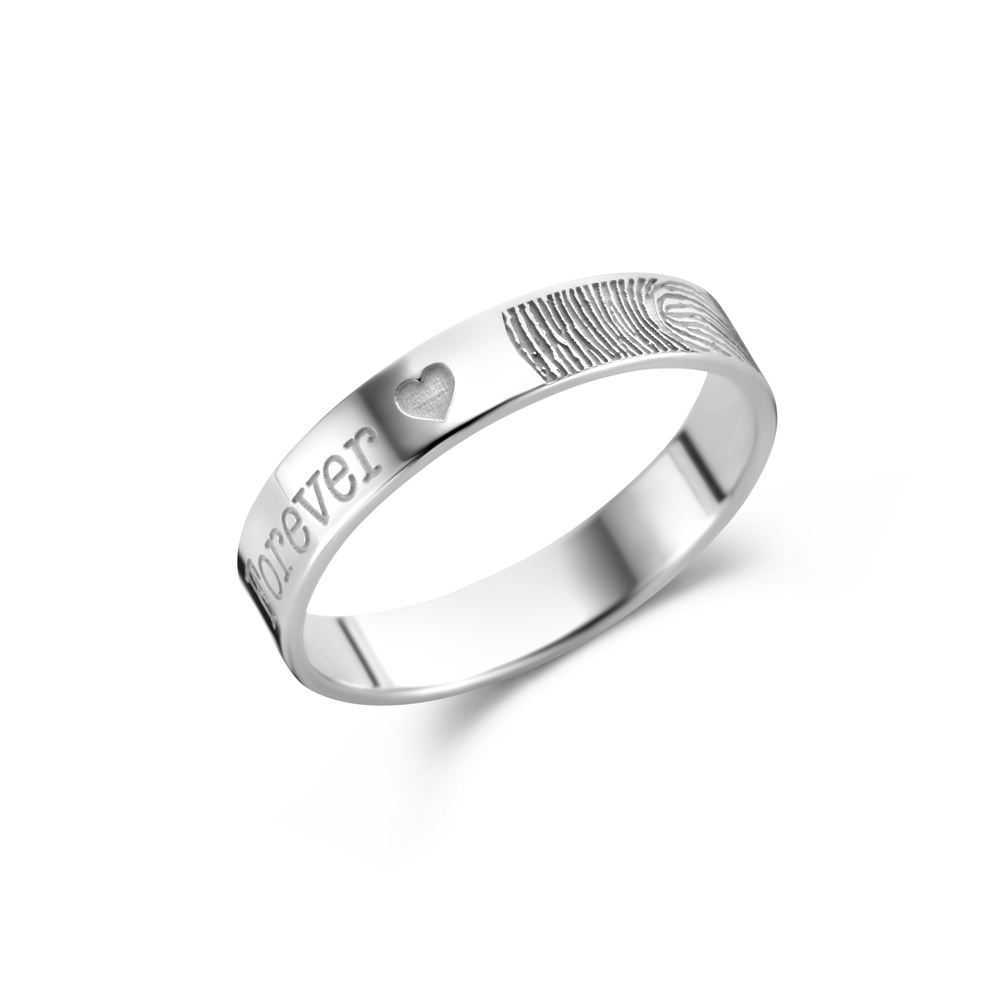 Zilveren ring met vingerafdruk en naam - 4 mm vlak