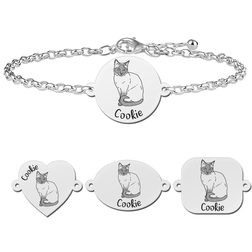Zilveren armband met kat gravure Siamees