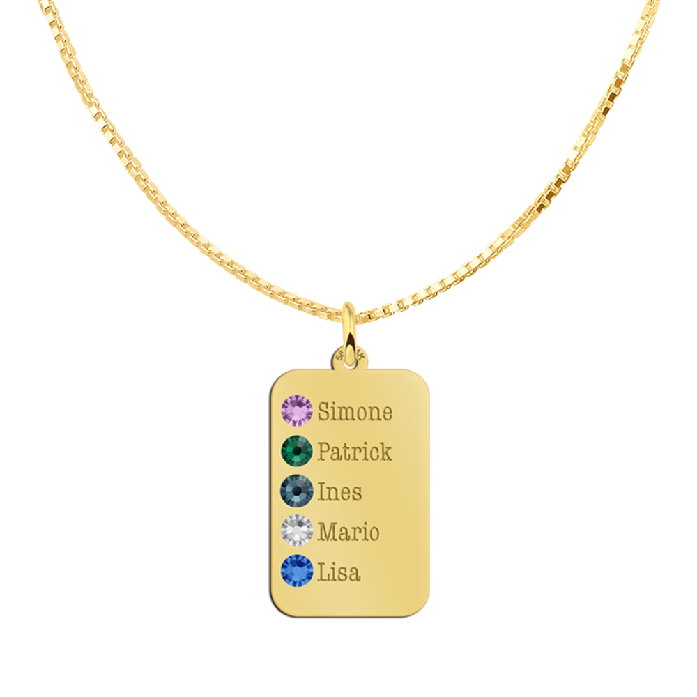 Gouden rechthoekige hanger met vijf namen en geboortestenen