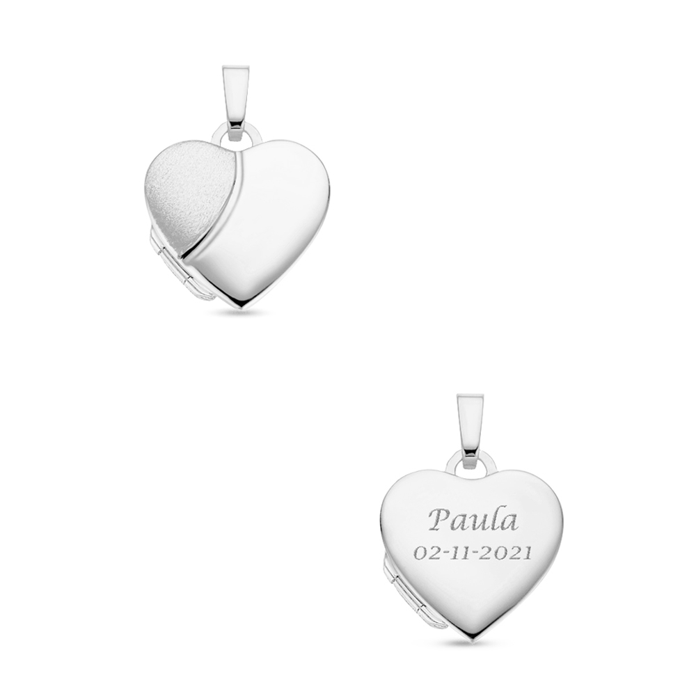 Zilveren hart Medaillon met gravure in glanzend en mat