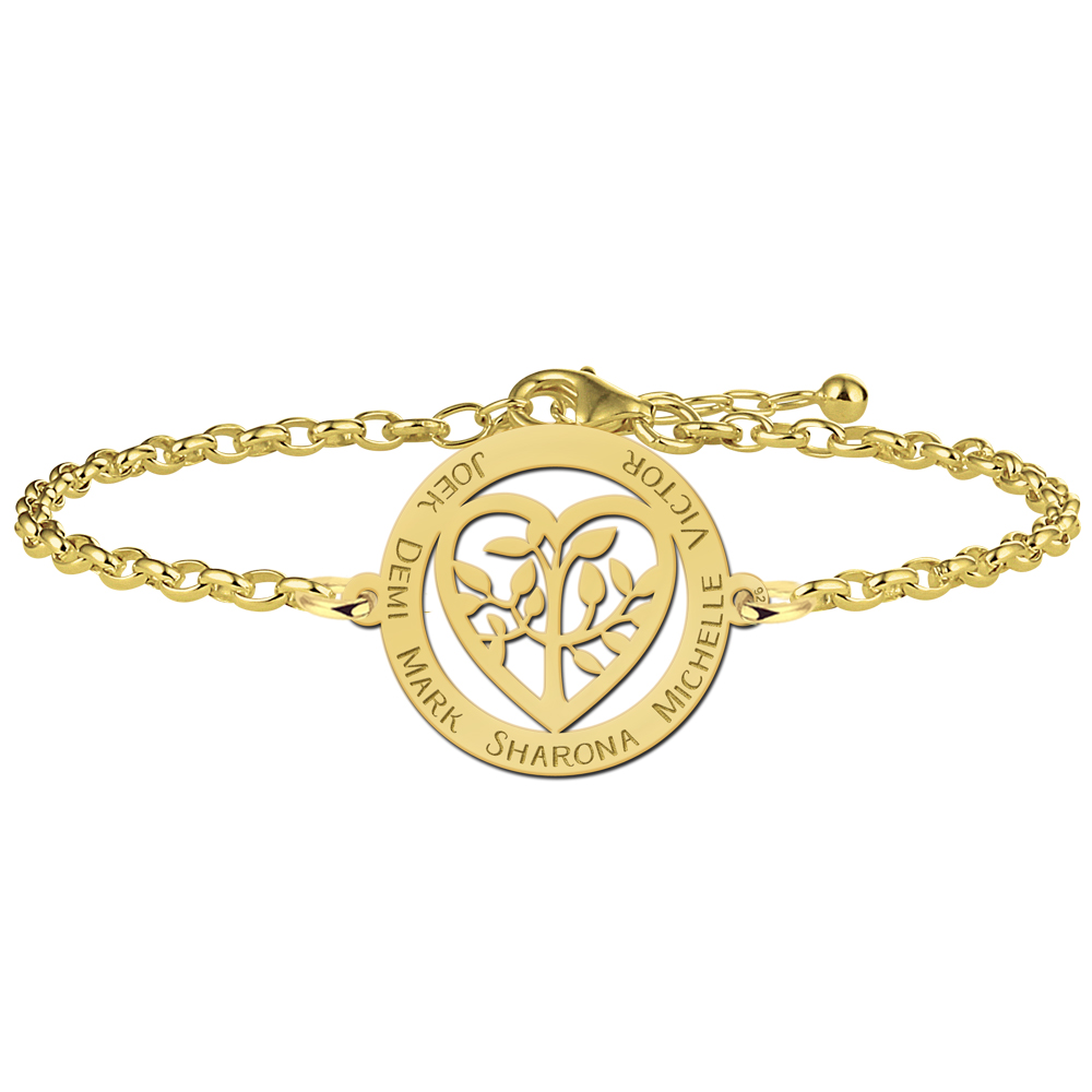 Vergulde stamboom armband hart met namen