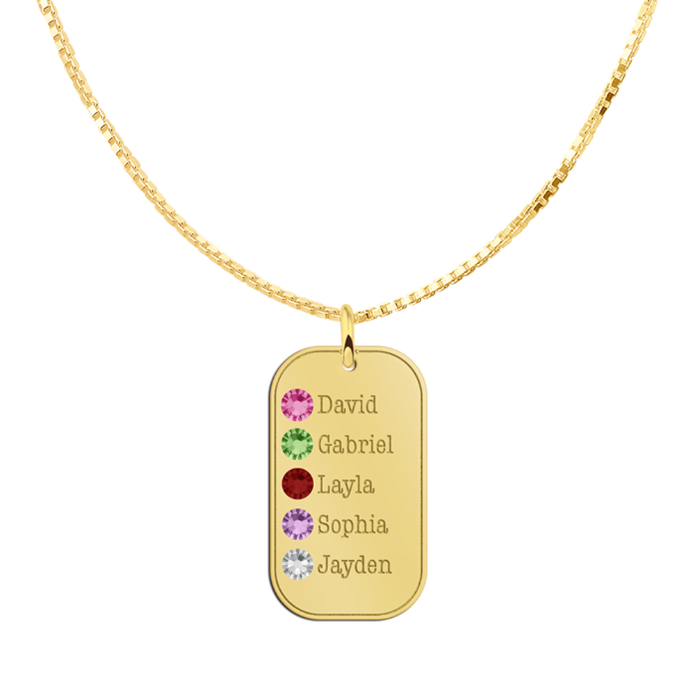 Gouden hanger met vijf namen en geboortestenen van zirkonia