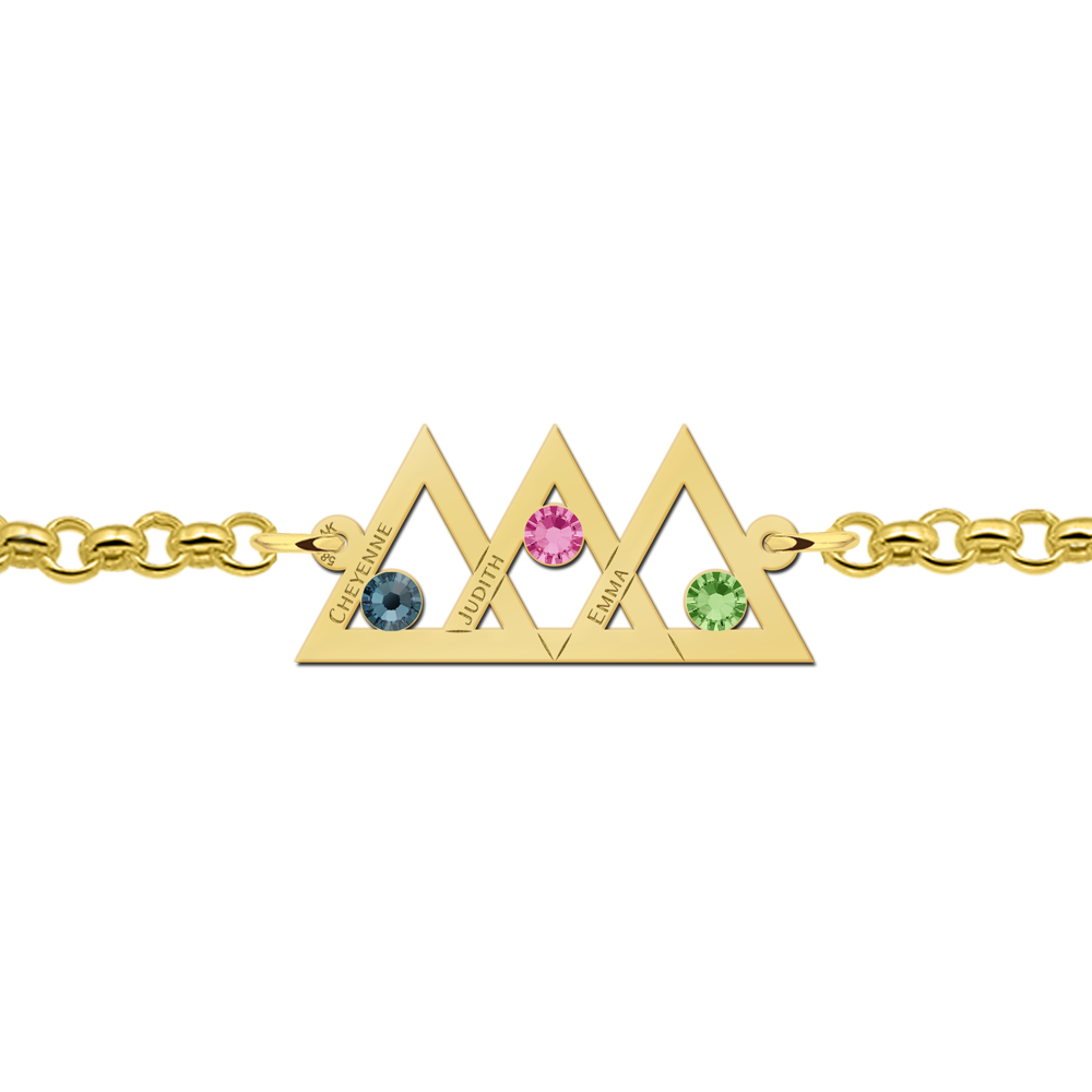 Moeder-dochter-armband goud 3 driehoeken en geboortesteen