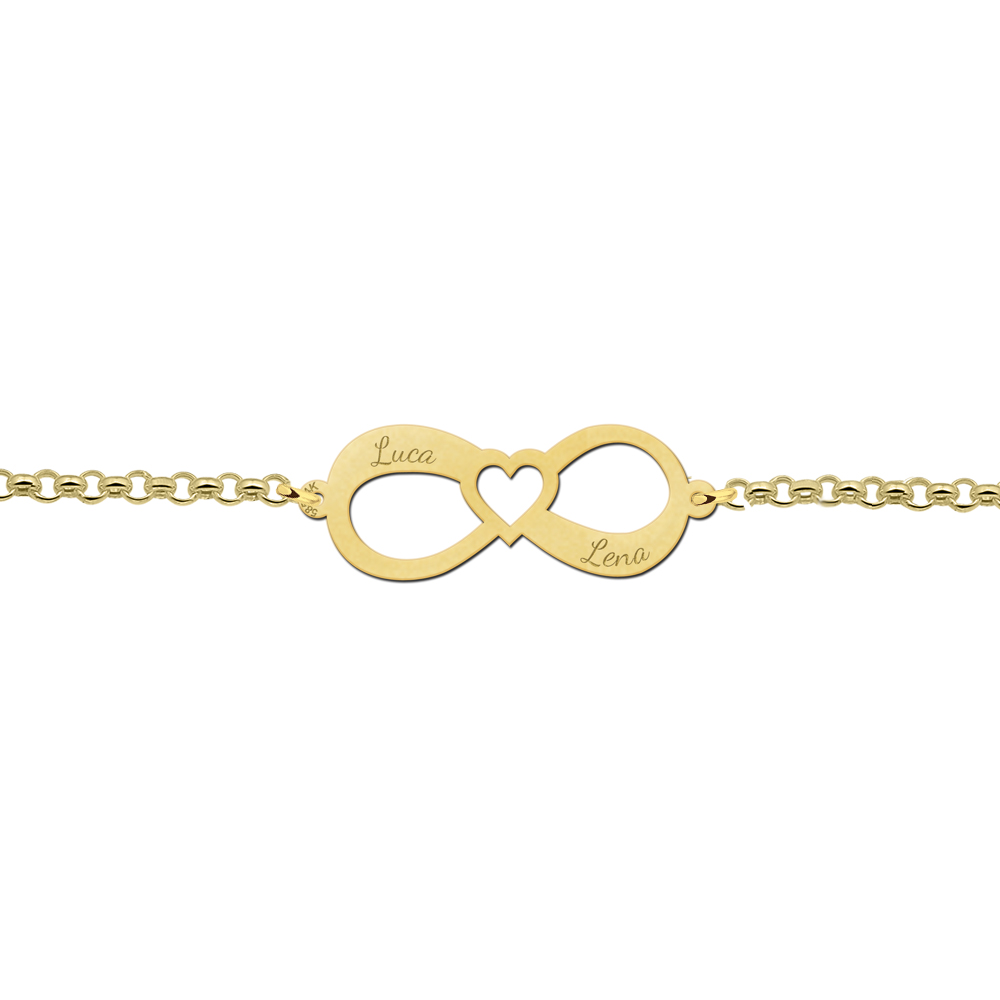 Gouden infinity armband met twee namen en hart