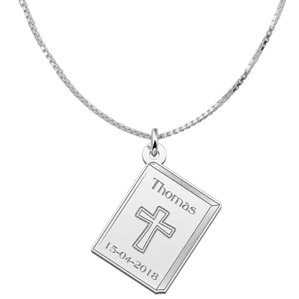 Zilveren communiehanger met kruis en gravure