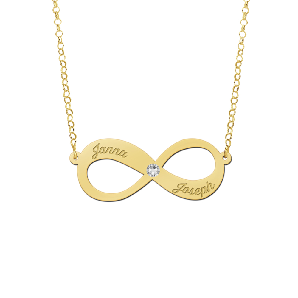 Gouden infinity ketting met zirkonia en twee namen gegraveerd
