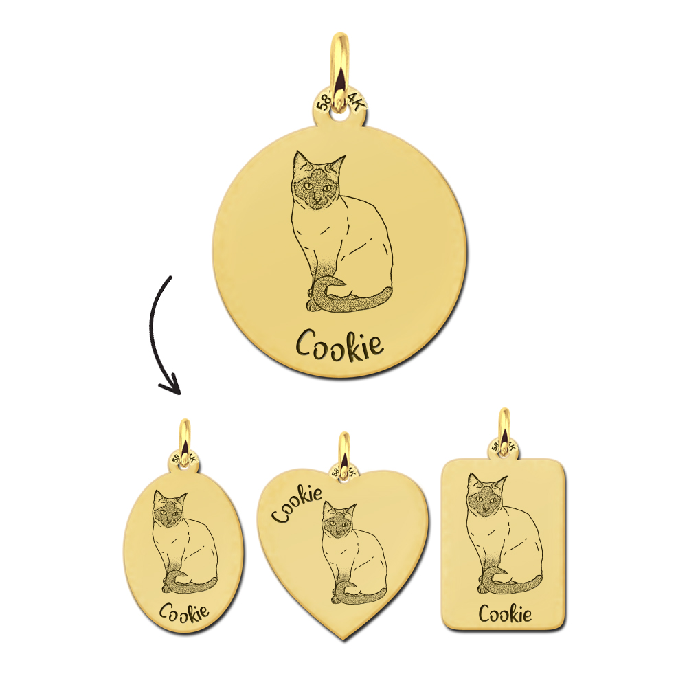 Gouden hanger met kat gravure Siamees