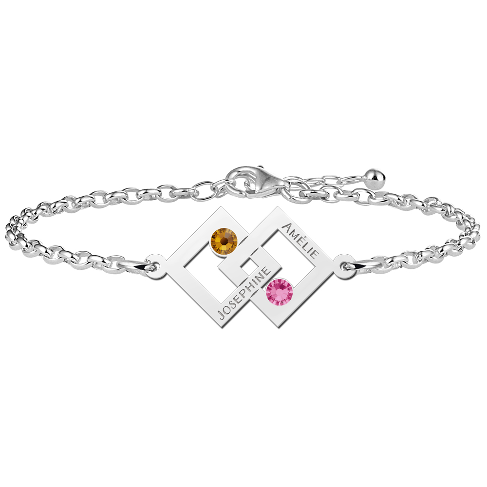 Moeder dochter armband zilver twee rechthoeken en geboortesteen Moeder dochter armband zilver twee rechthoeken en geboortesteen