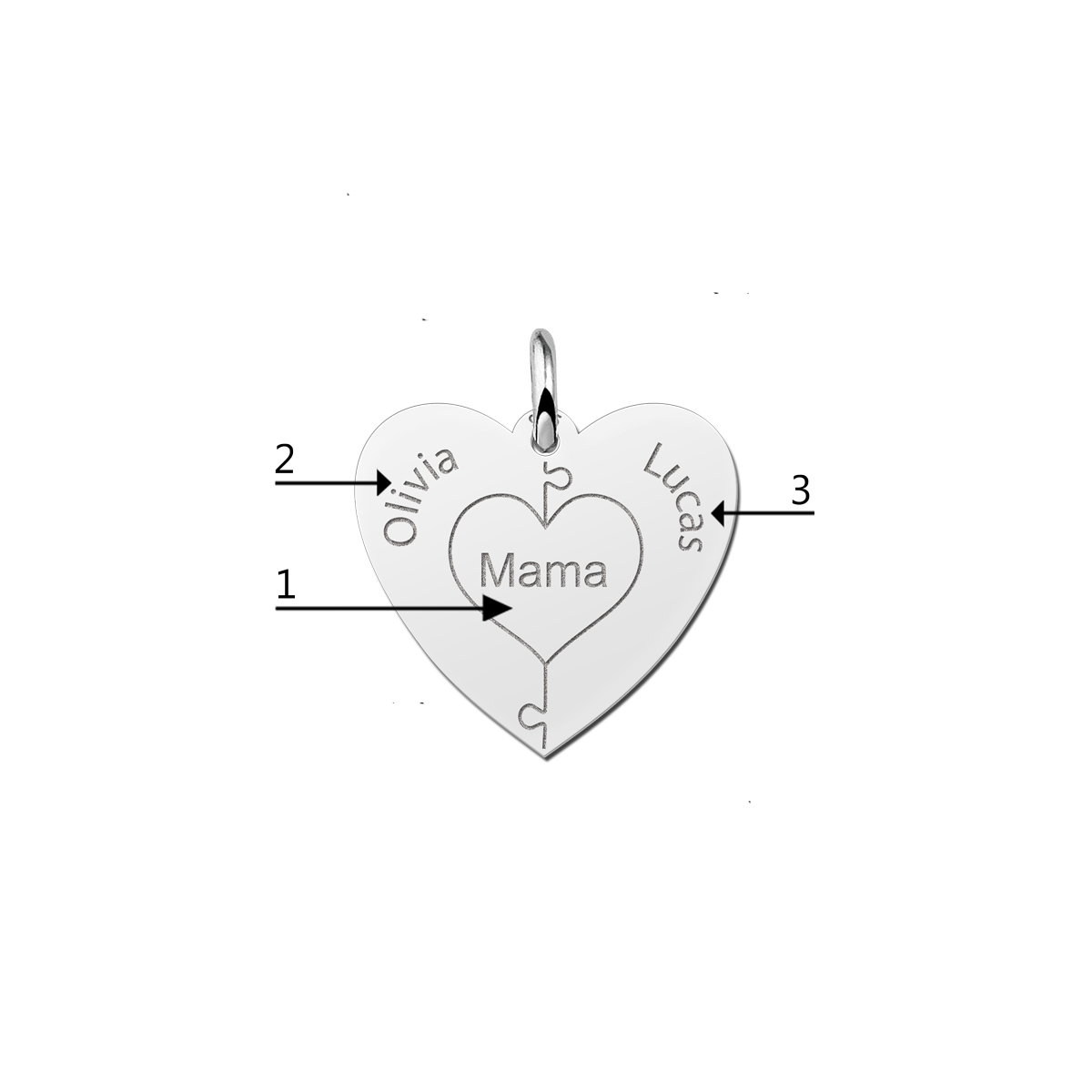 Zilveren hart hanger met puzzelstukjes en namen