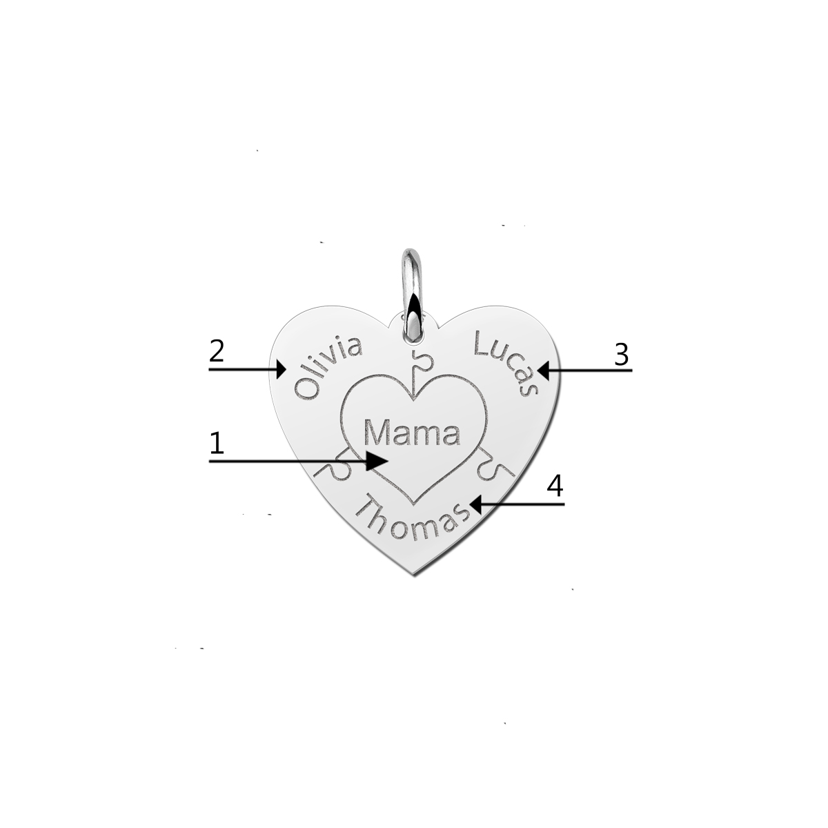 Zilveren hart hanger met puzzelstukjes en namen