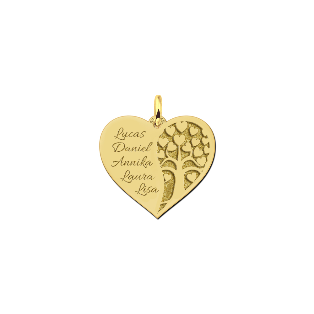 Gold family necklace in heart shape with tree of life and names