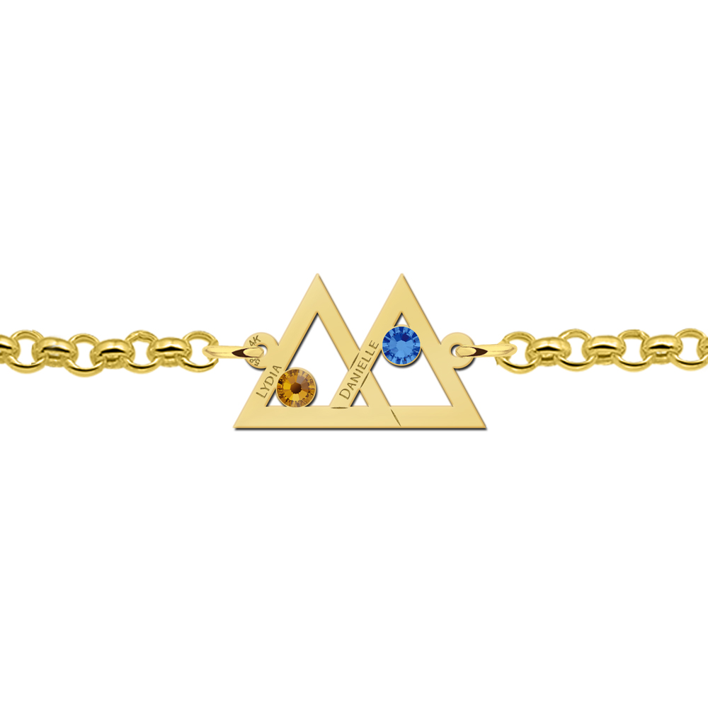 Moeder-dochter-armband goud 2 driehoeken en geboortestenen
