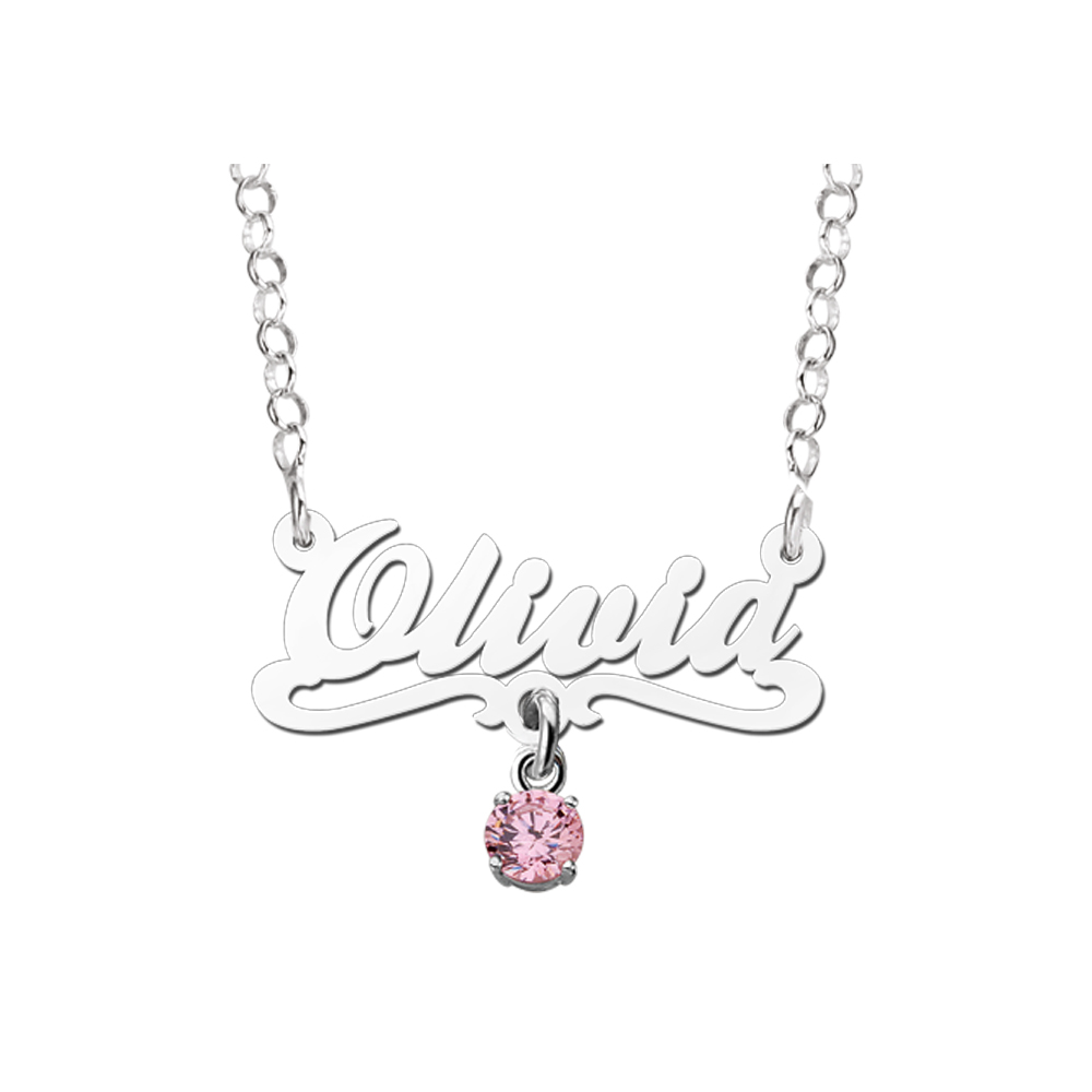 Zilveren kinder naamketting model Olivia roze Zilveren kinder naamketting model Olivia roze