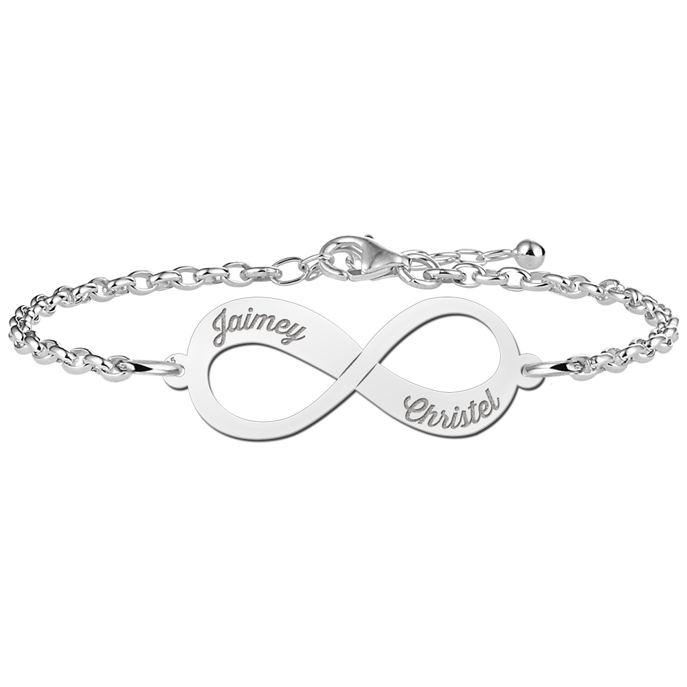 Bevestigen aan kapok verkopen Zilveren infinity armband met twee namen