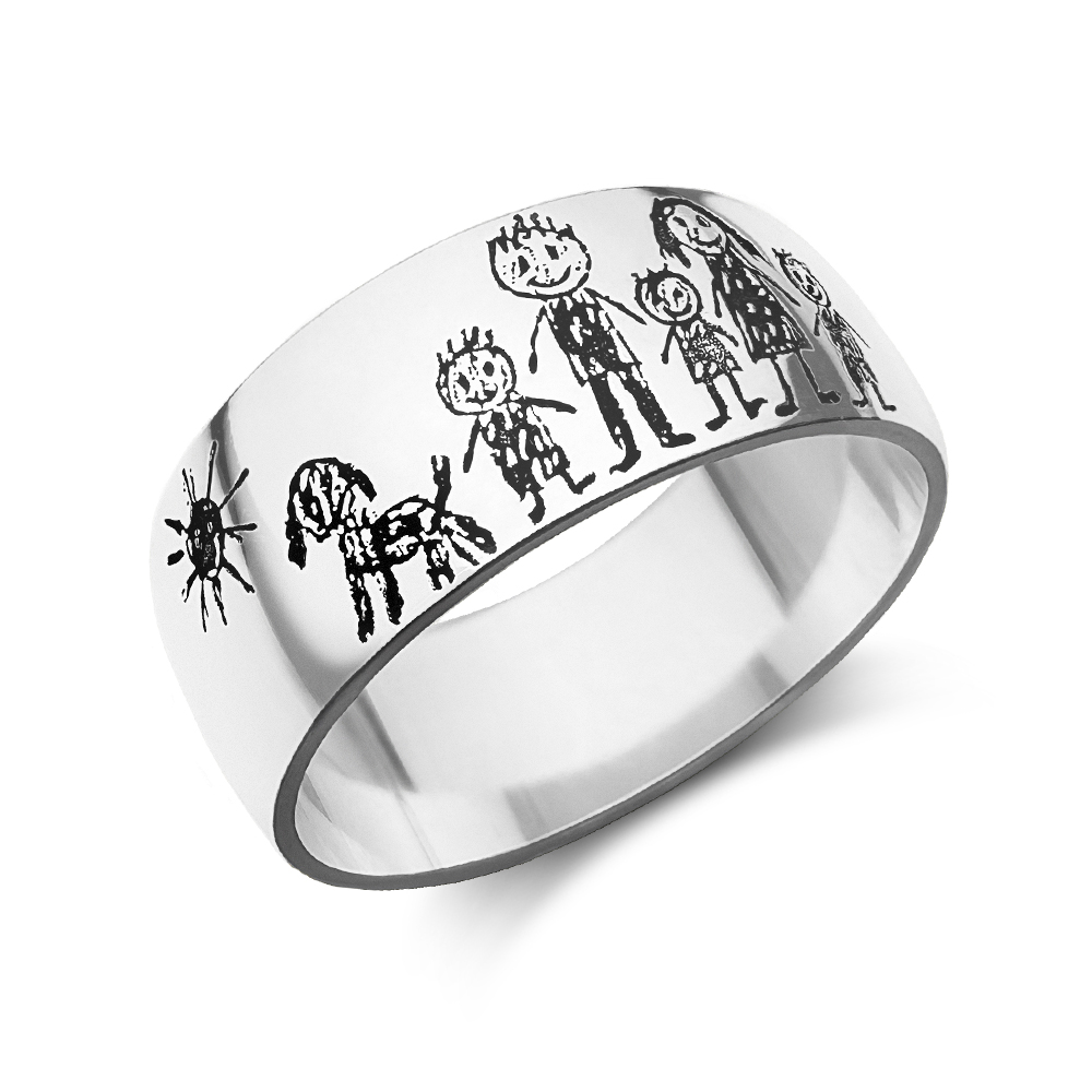 Zilveren bolle ring met kindertekening gravure