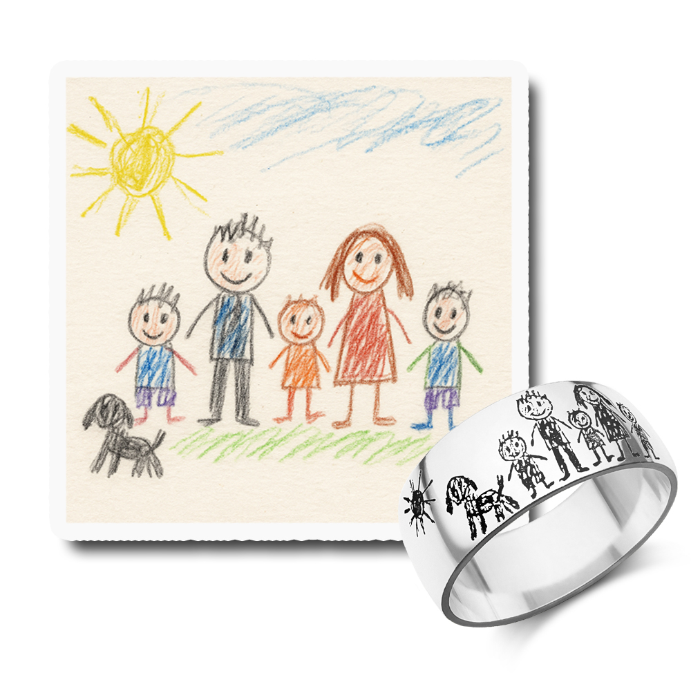 Zilveren bolle ring met kindertekening gravure