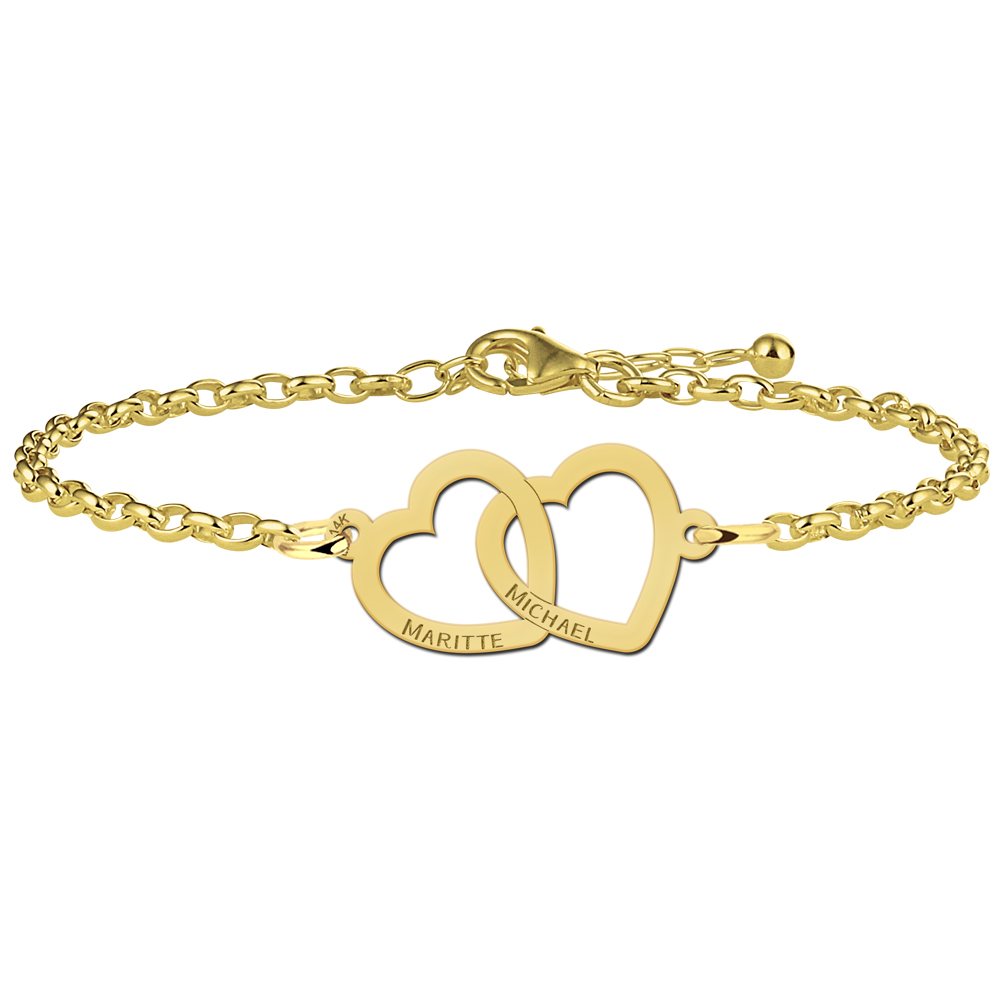 14 karaat gouden armband met twee verbonden harten en namen