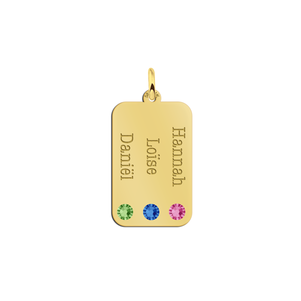 Gouden rechthoekige hanger met drie namen en geboortestenen