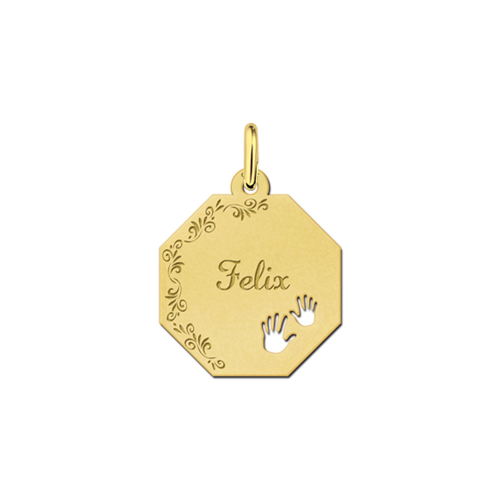 Vergulde achtkantige hanger met bloemenrand en handjes